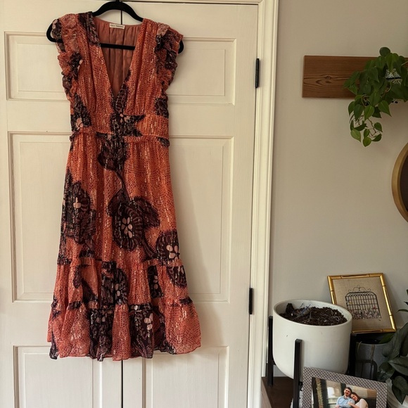 Ulla Johnson Akira Metallic Shibori Silk Printed Midi Dress Coral Pink‎ Size 6 - Picture 6 of 17
